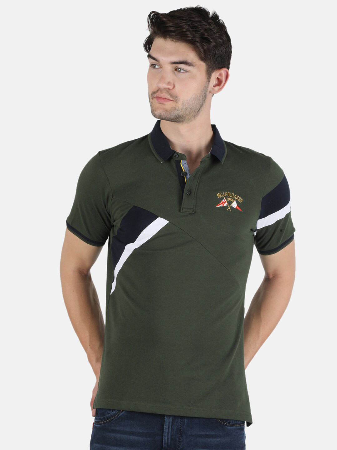 Monte Carlo Men Olive Green & Black Polo Collar Pure Cotton Slim Fit T-shirt