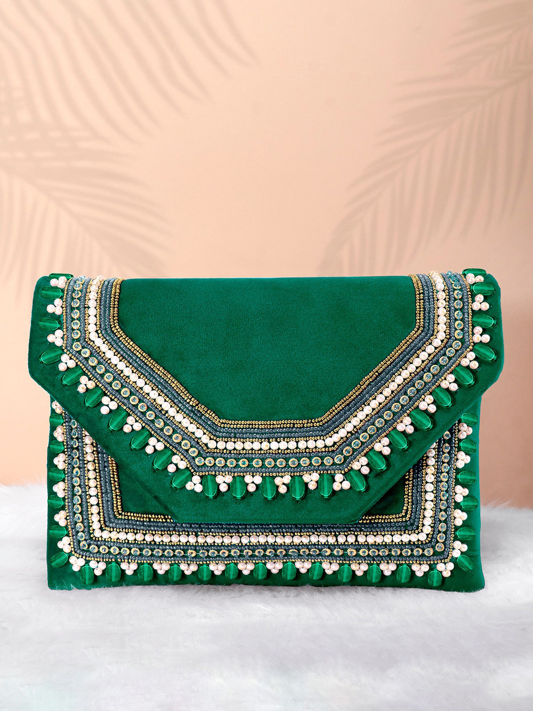 Peora Green & White Embroidered Purse Clutch