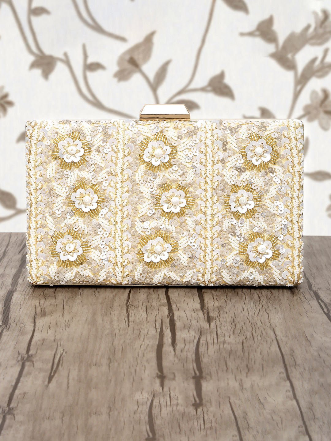 Peora Cream-Coloured & Gold-Toned Embellished Purse Clutch