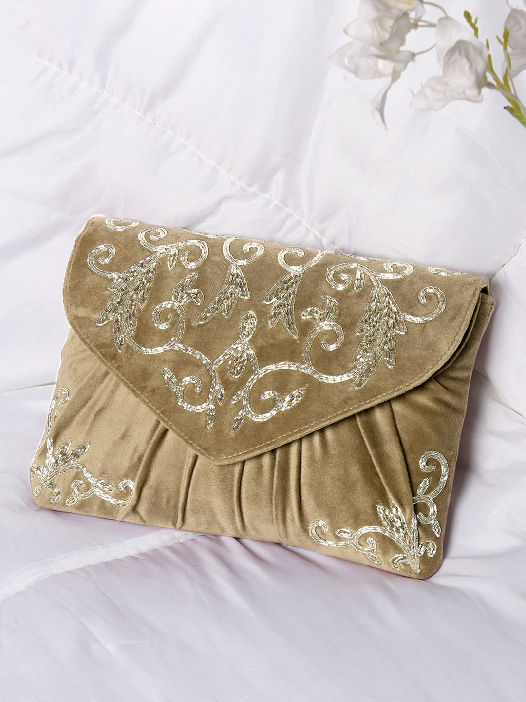 Peora Beige Embellished Purse Clutch