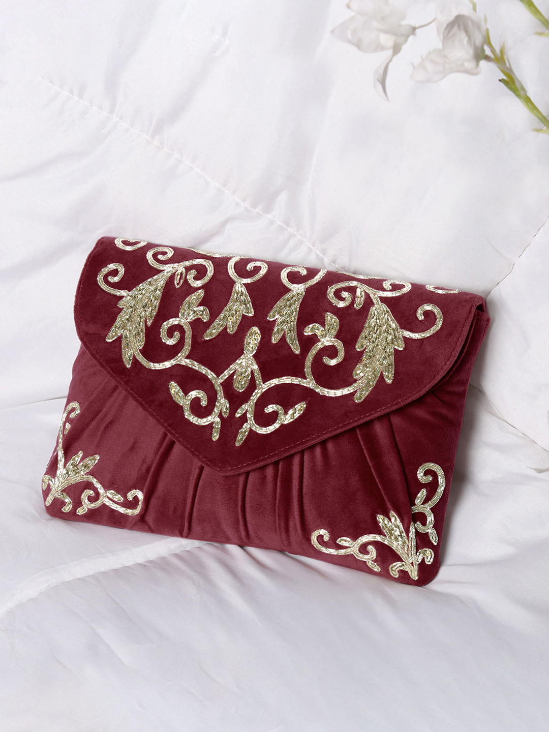 Peora Women Maroon And Gold Toned Embroidered And Sequins Embellished Clutches