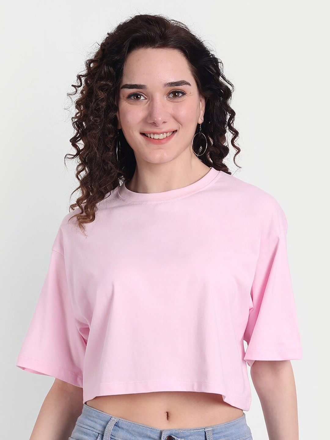 COLOR CAPITAL Women Pink Solid Extended Sleeves Boxy T-shirt