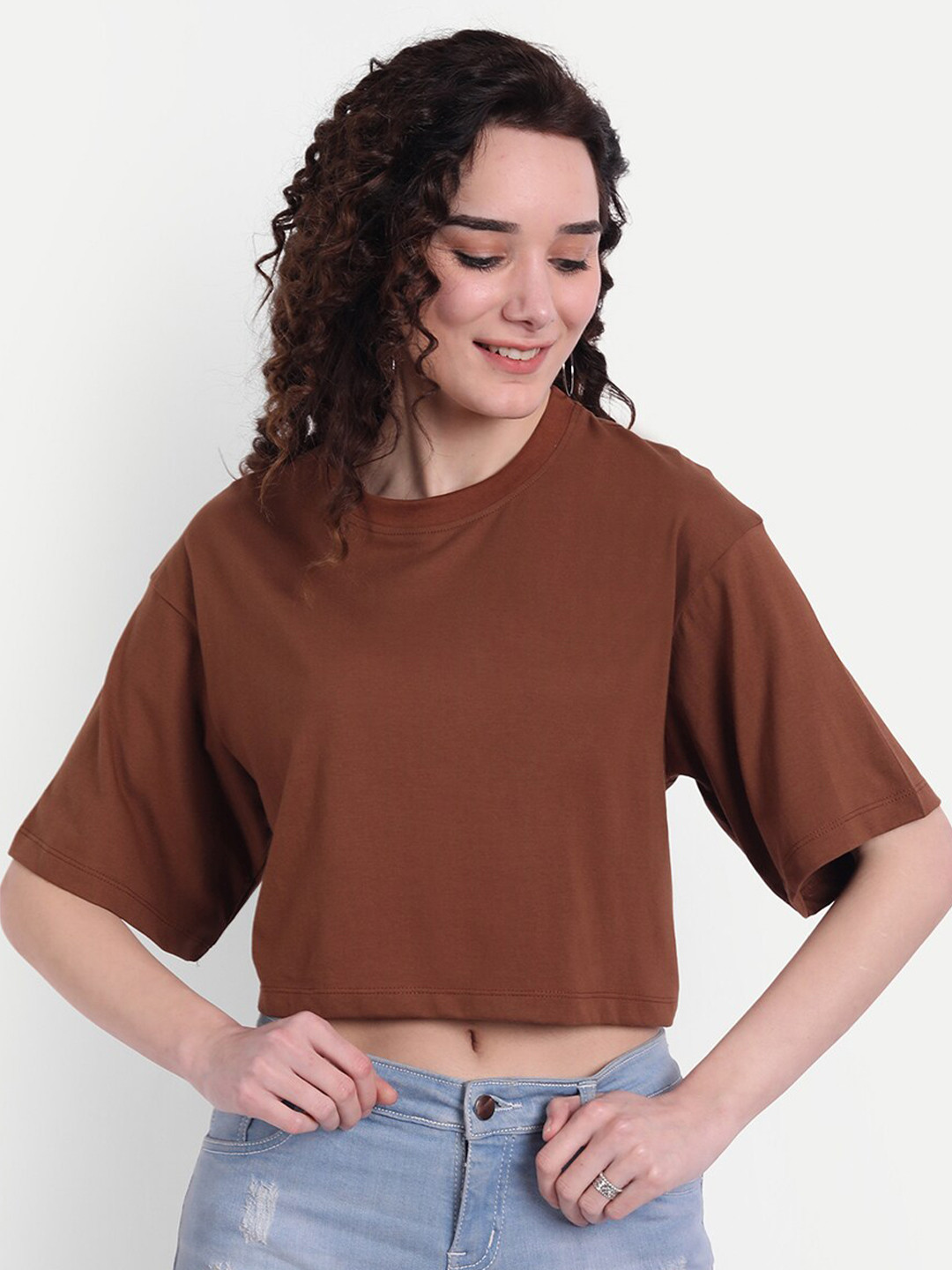 COLOR CAPITAL Women Brown Extended Sleeves Boxy T-shirt