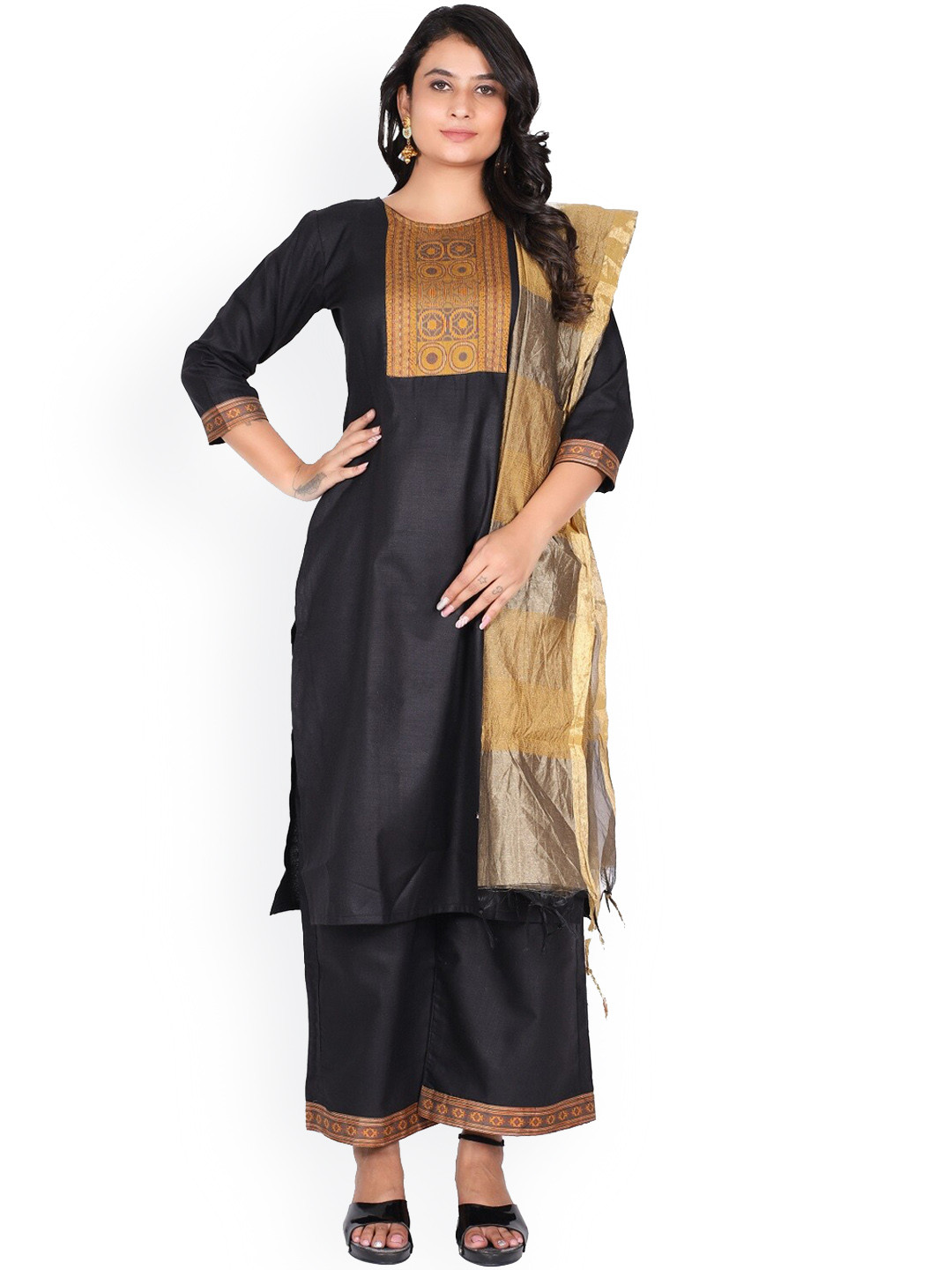 KALINI Women Black Yoke Design Banarasi Kurta with Palazzos & With Dupatta