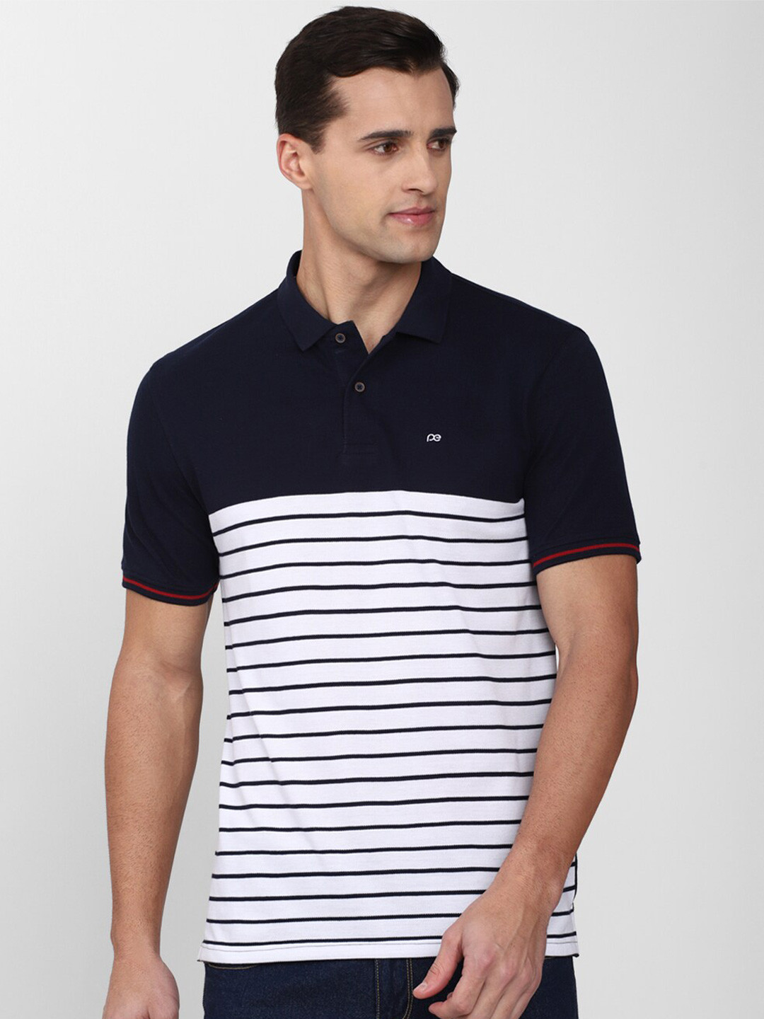 Peter England Casuals Men White & Black Striped Polo Collar T-shirt