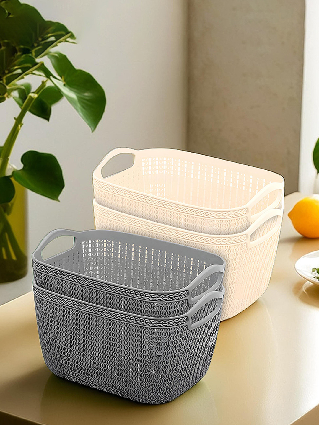 Kuber Industries Grey & Cream Set Of 4 Dishwasher Safe Textured Plastic Storage Basket