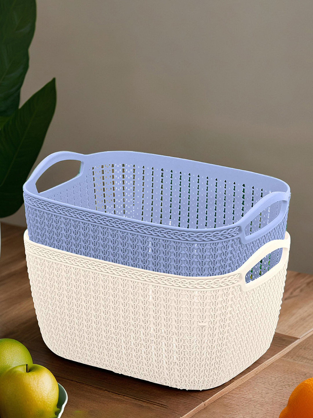 Kuber Industries Cream & Blue Set Of 2 Dishwasher Safe Plastic Storage Basket