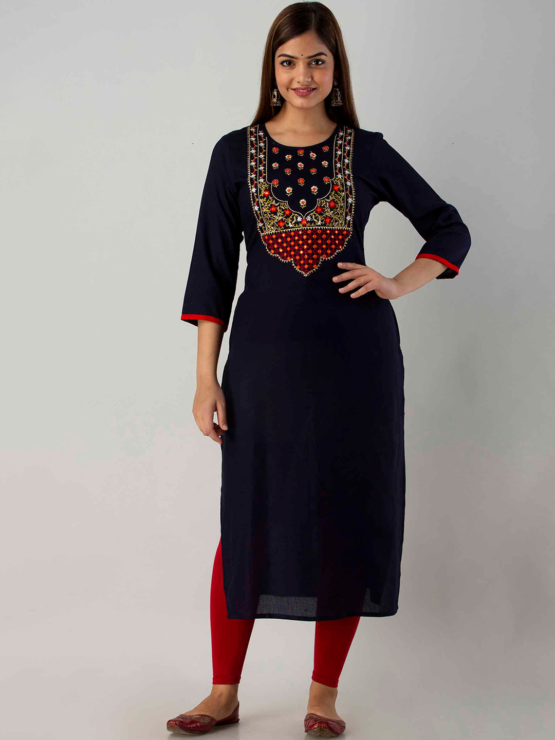 FASHION DEPTH Women Blue & Red Geometric Yoke Design Flared Sleeves Thread Work Kurta