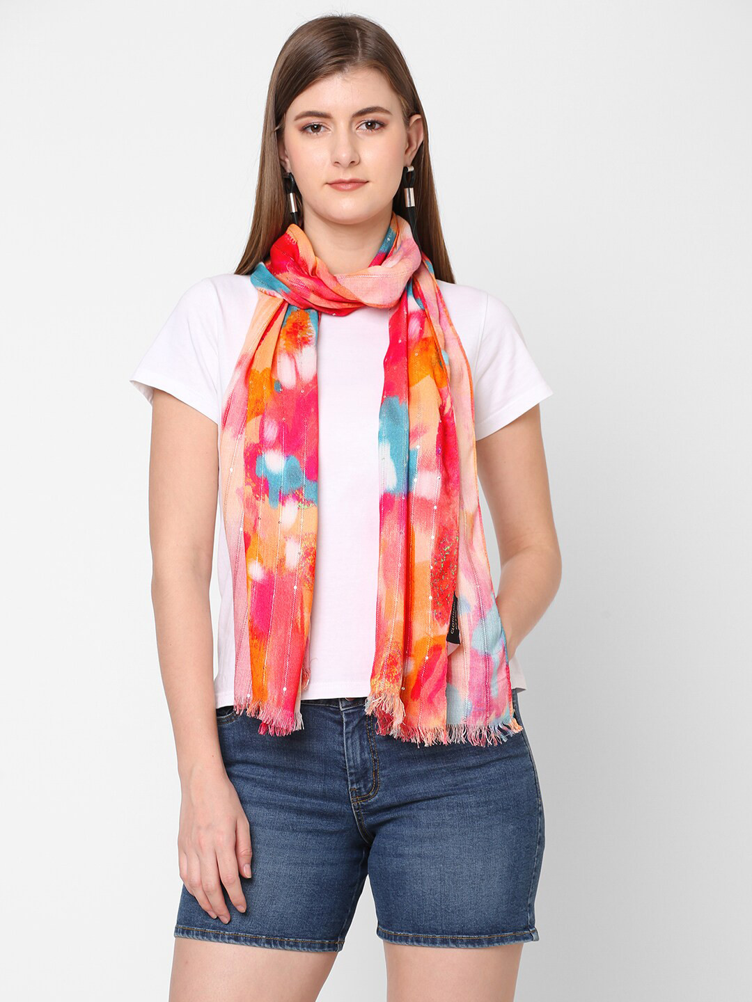 Cloth Haus India Women Orange & Blue Sequins Printed Scarf