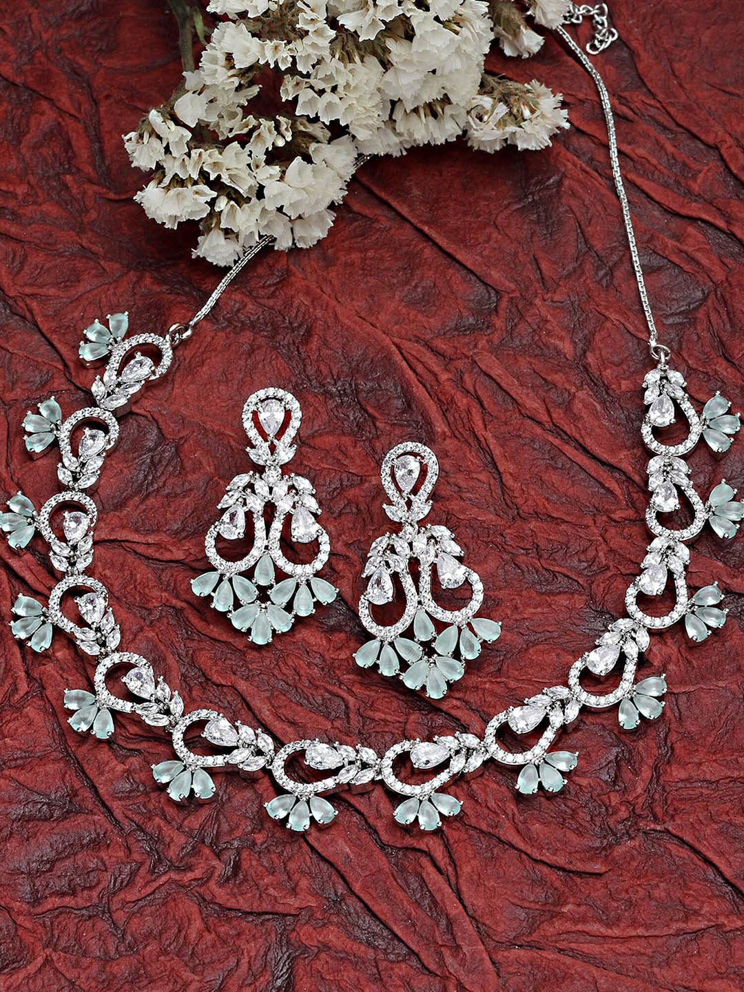 KARATCART Silver-Toned Light Green AD Studded Jewellery Set
