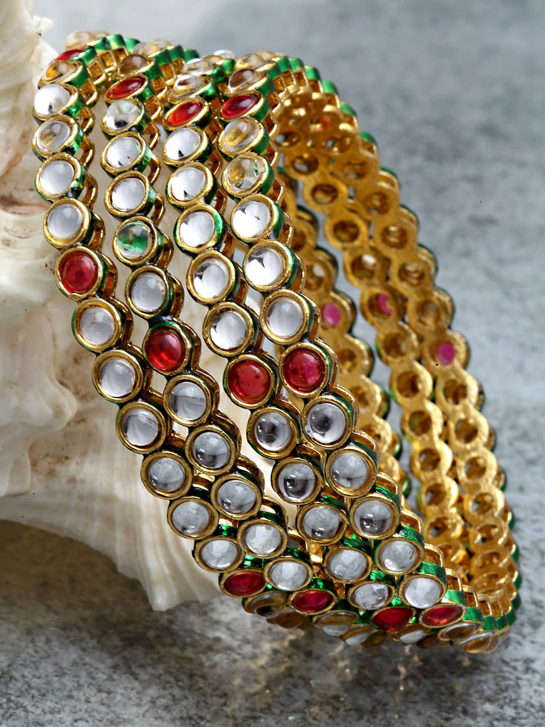 KARATCART Set of 4 Gold-Plated White & Red Kundan Studded Jadau Bangle