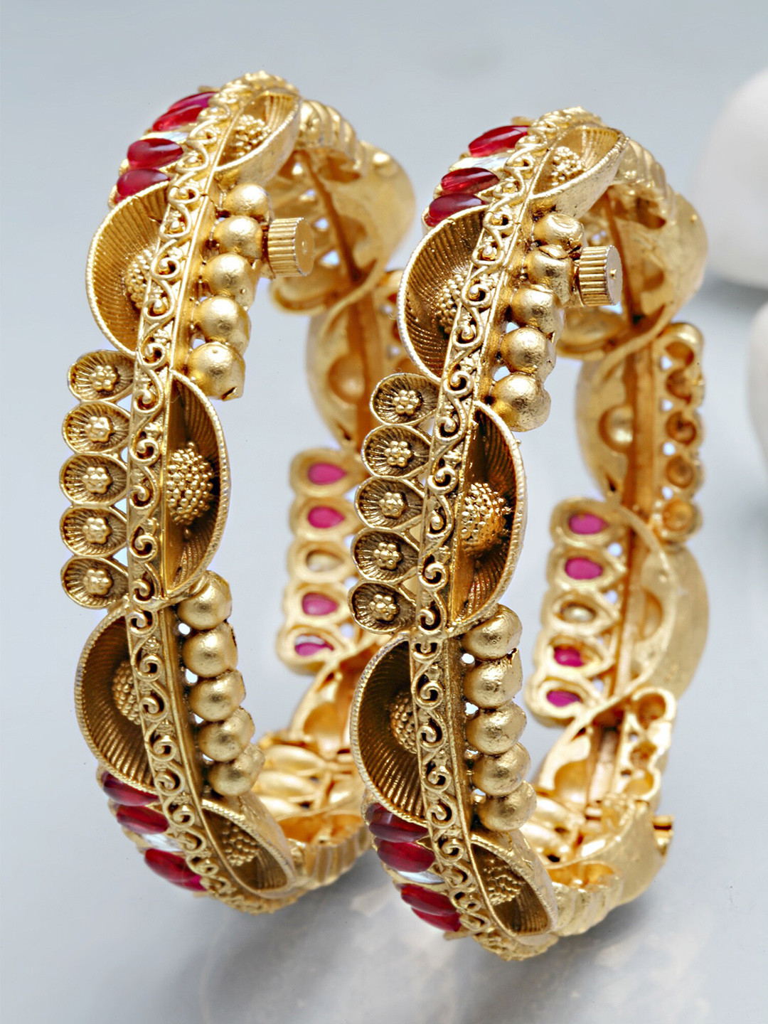 KARATCART Set Of 2 Gold-Plated & Red Kundan-Studded Bangles