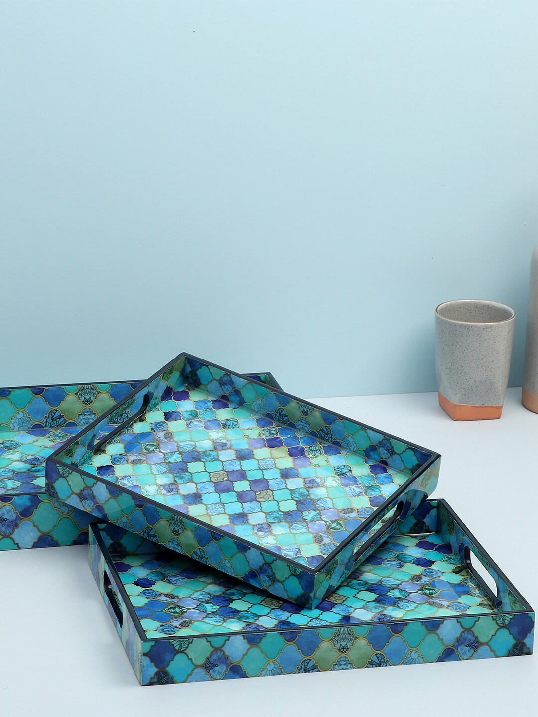DULI Set Of 3 Blue Printed  Serving Trays