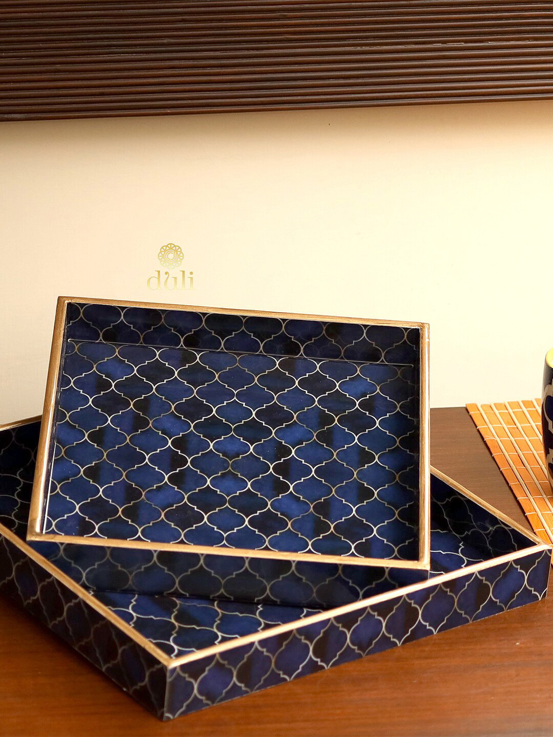 DULI Set of 2 Navy Blue & Brown Printed Multipurpose Serving Trays