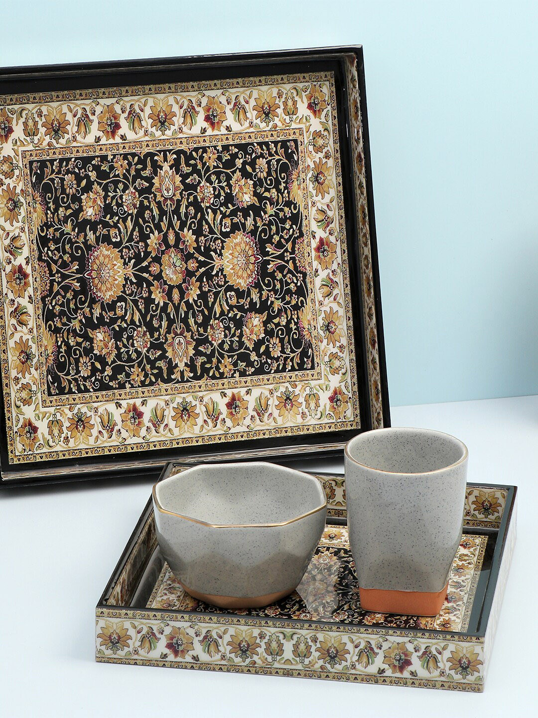 DULI Set Of 2 Black & Beige Printed Square Enamel Coated Multipurpose Serving Trays