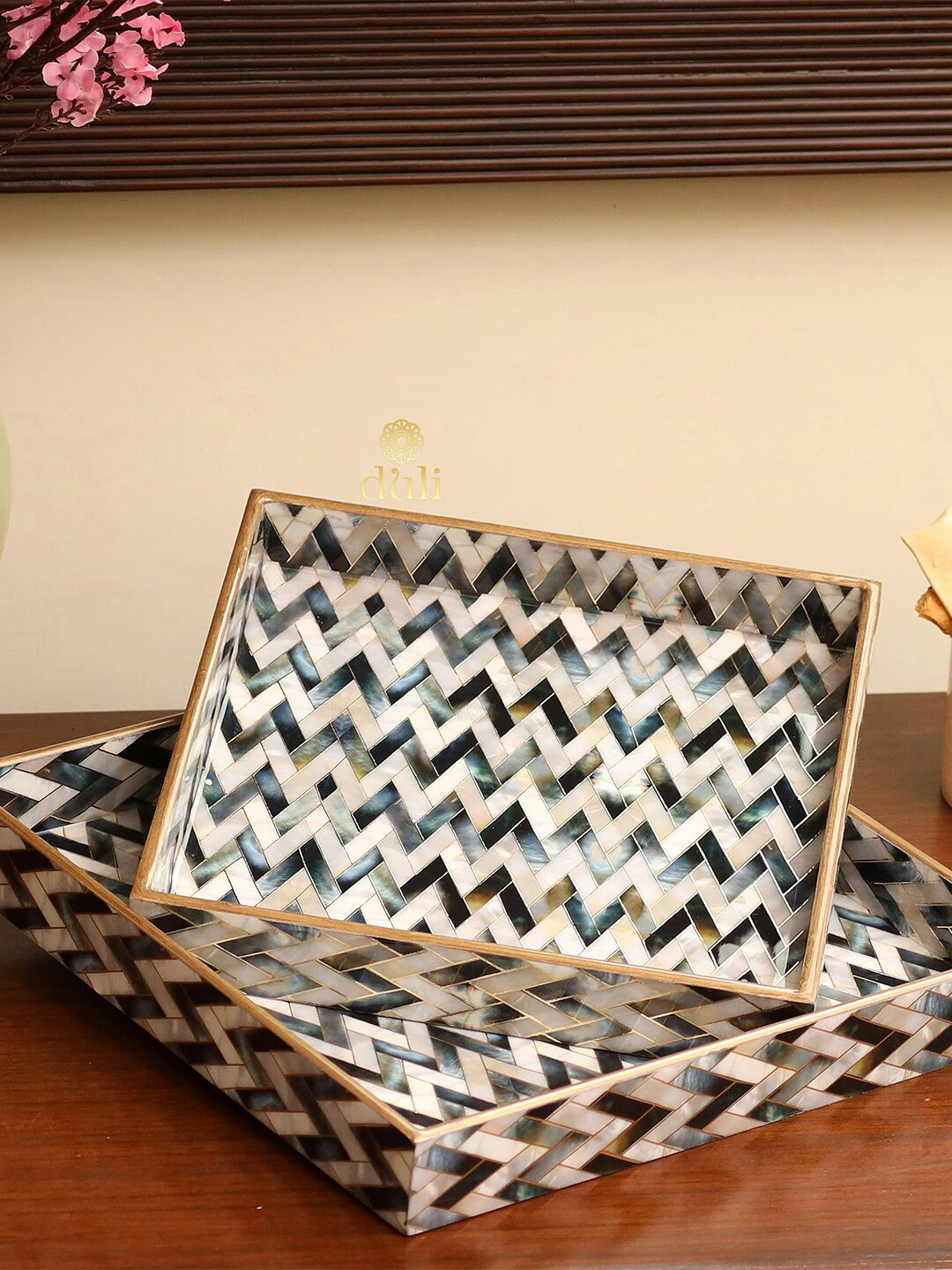 DULI Set of 2 Silver-Toned & Blue Enamel Coated Multipurpose Serving Trays