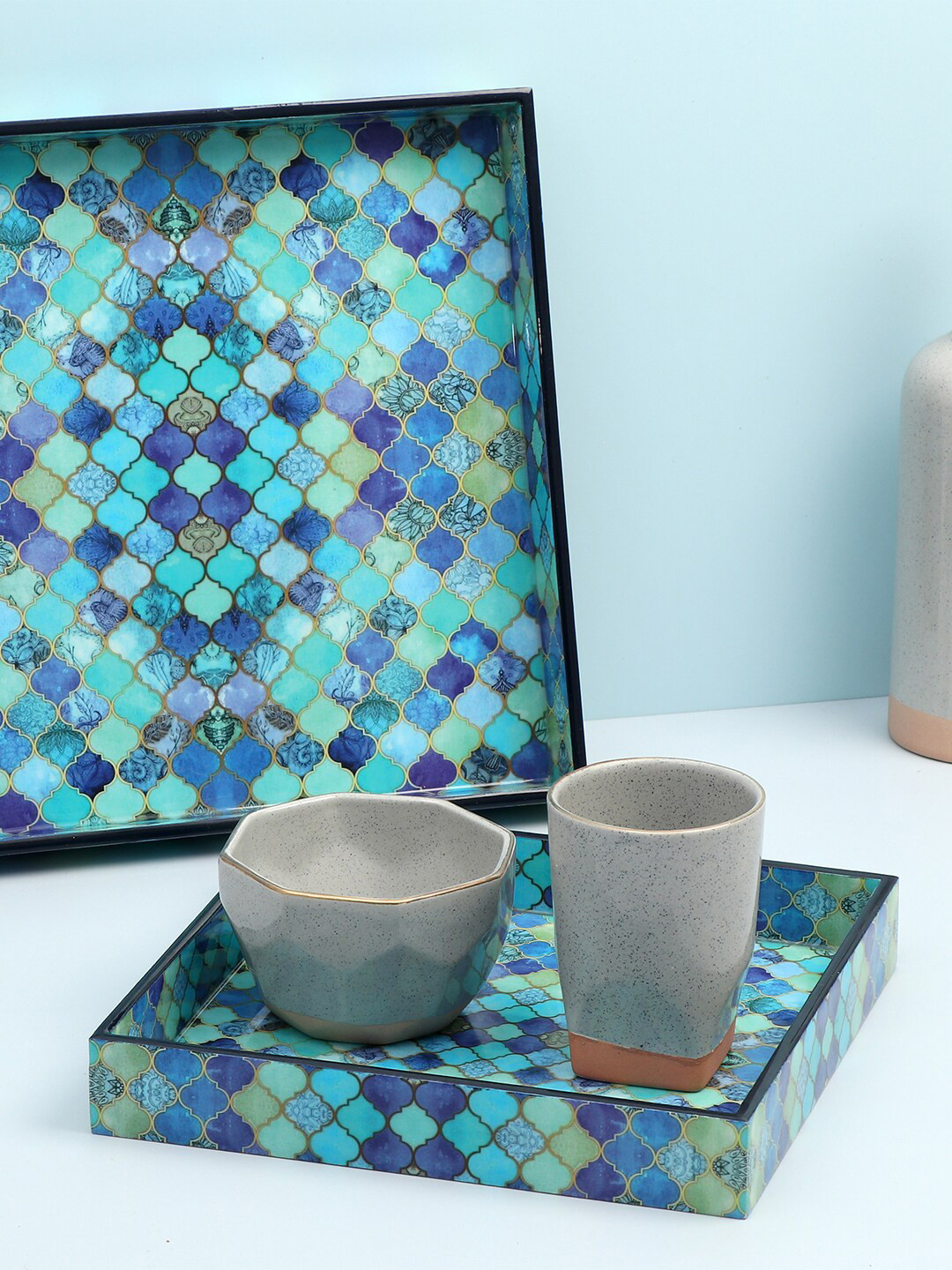 DULI Set of 2 Blue Enamel Coated Multipurpose Serving Trays