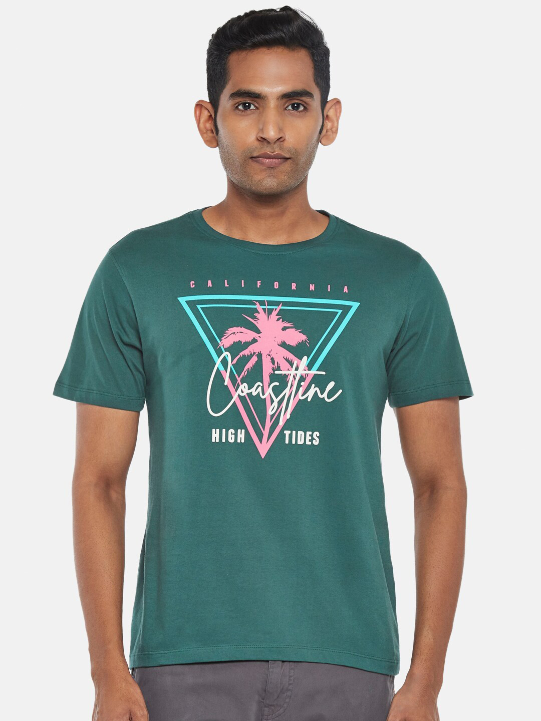 Urban Ranger by pantaloons Men Green Printed Raw Edge Slim Fit T-shirt