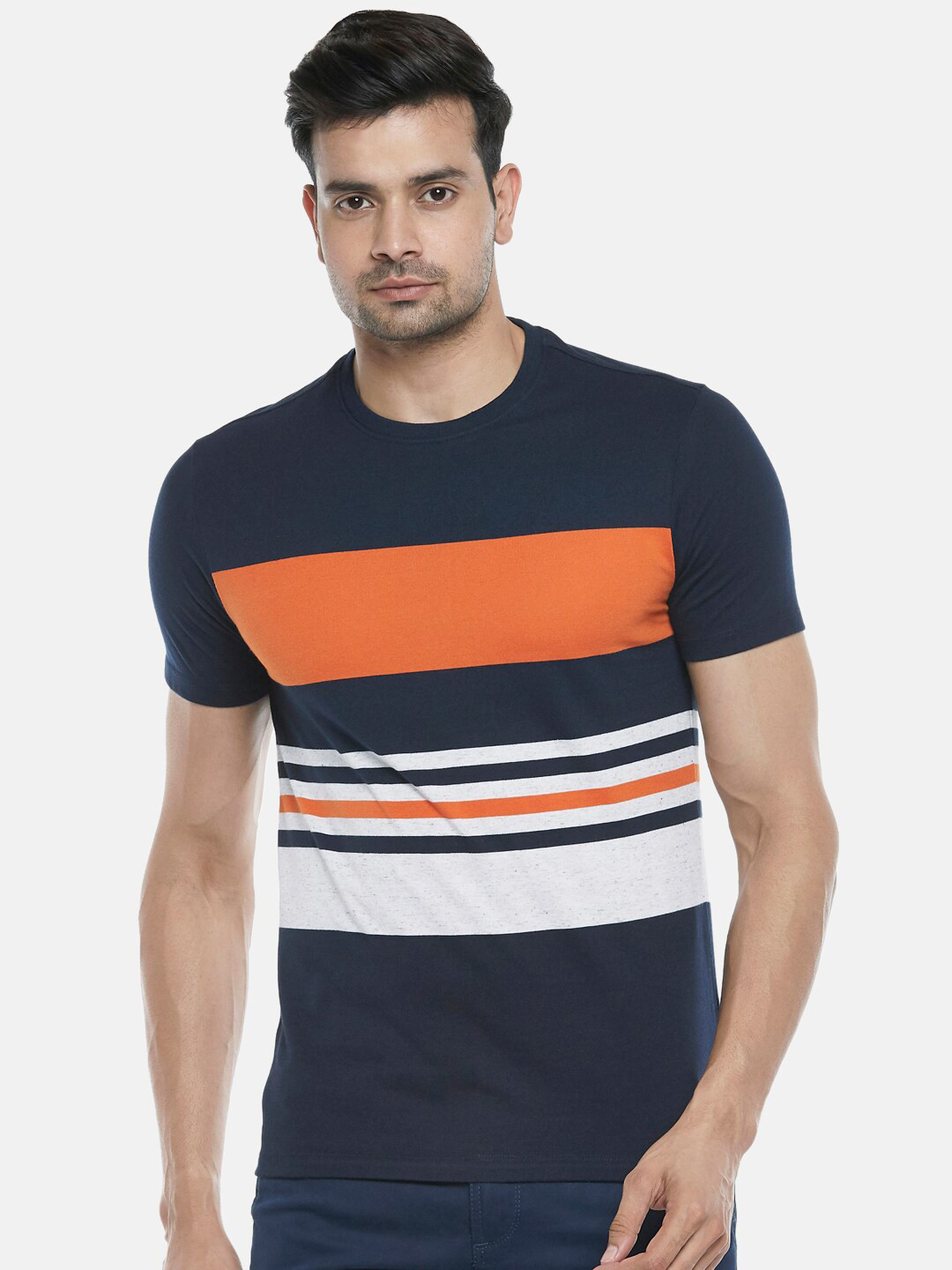 Urban Ranger by pantaloons Men Navy Blue & Orange Colourblocked Slim Fit T-shirt
