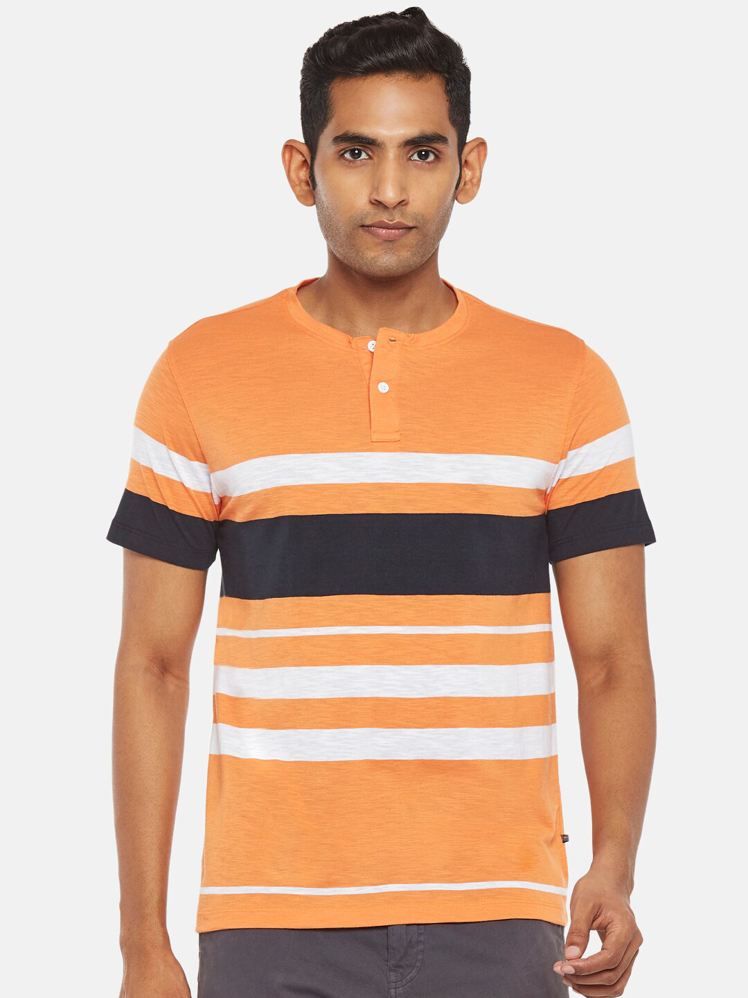Urban Ranger by pantaloons Men Orange & Black Striped Slim Fit Cotton T-shirt