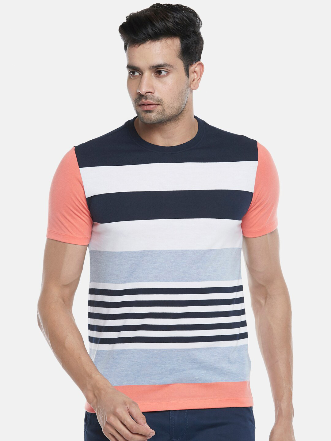 Urban Ranger by pantaloons Men Coral & Navy Blue Colourblocked Slim Fit T-shirt