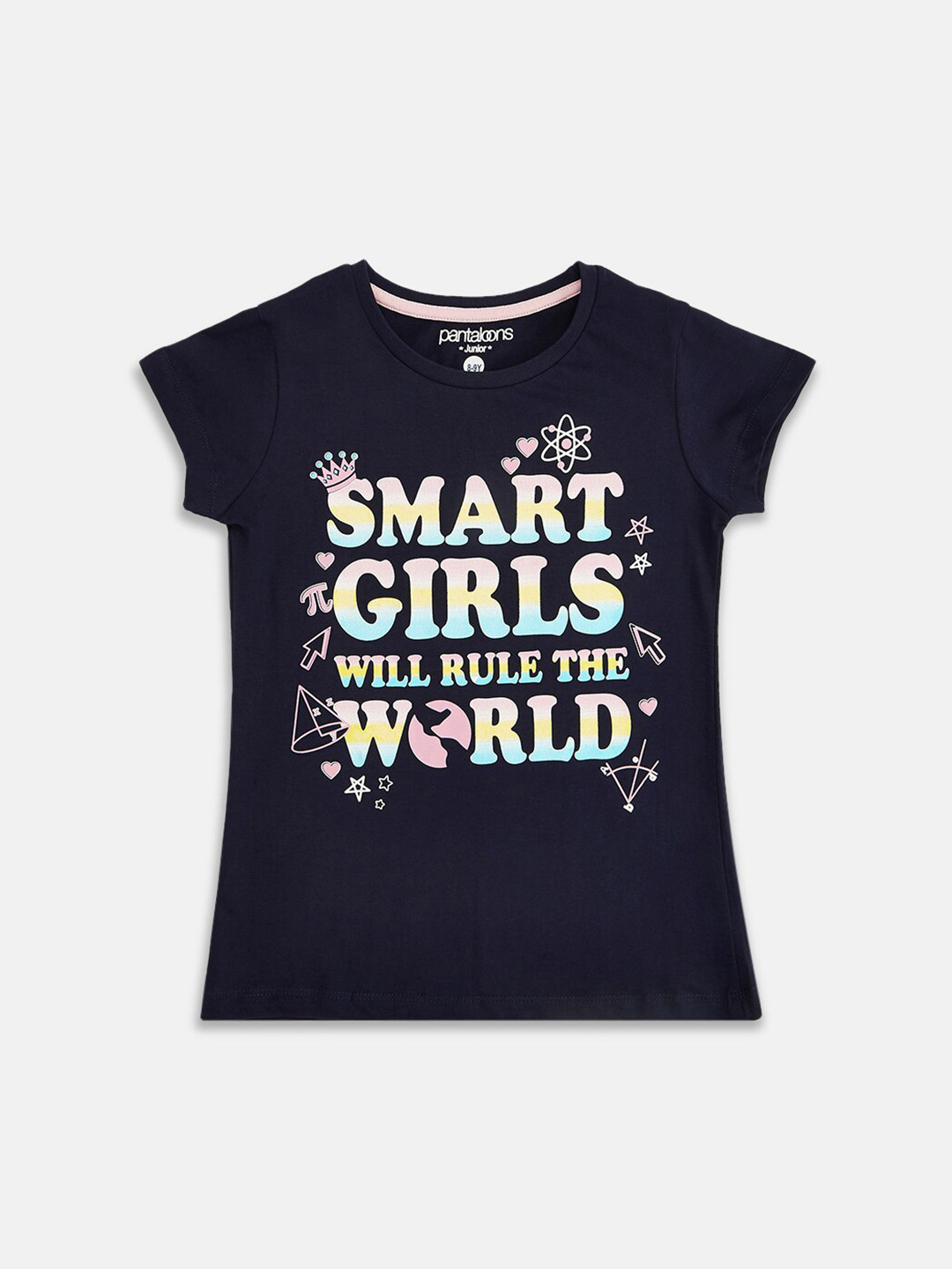 Pantaloons Junior Girls Navy Blue Typography Printed Extended Sleeves T-shirt