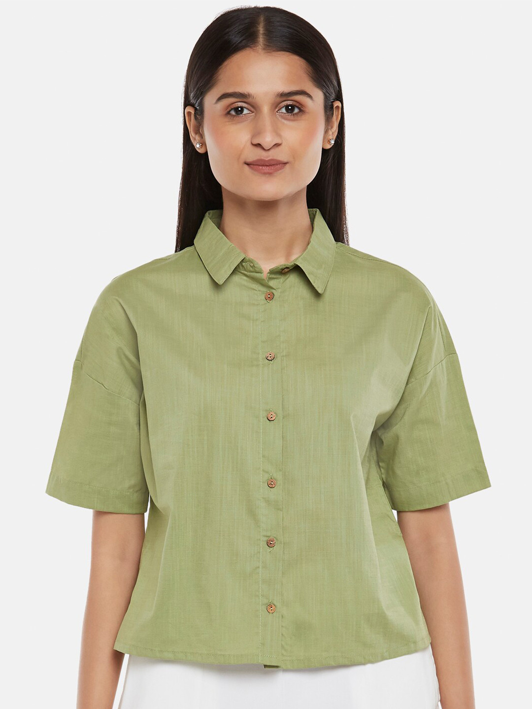 Honey by Pantaloons Women Olive Green Linen Casual Shirt