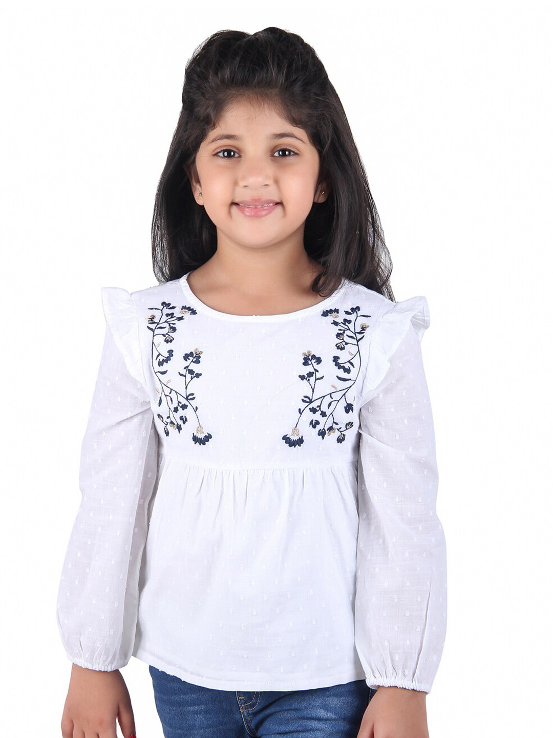 Miyo Girls White Embroidered Cuffed Sleeve Blouson Top
