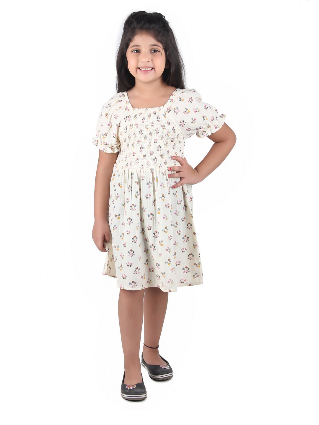 Miyo Girls Off White & Pink Floral Smocked Dress