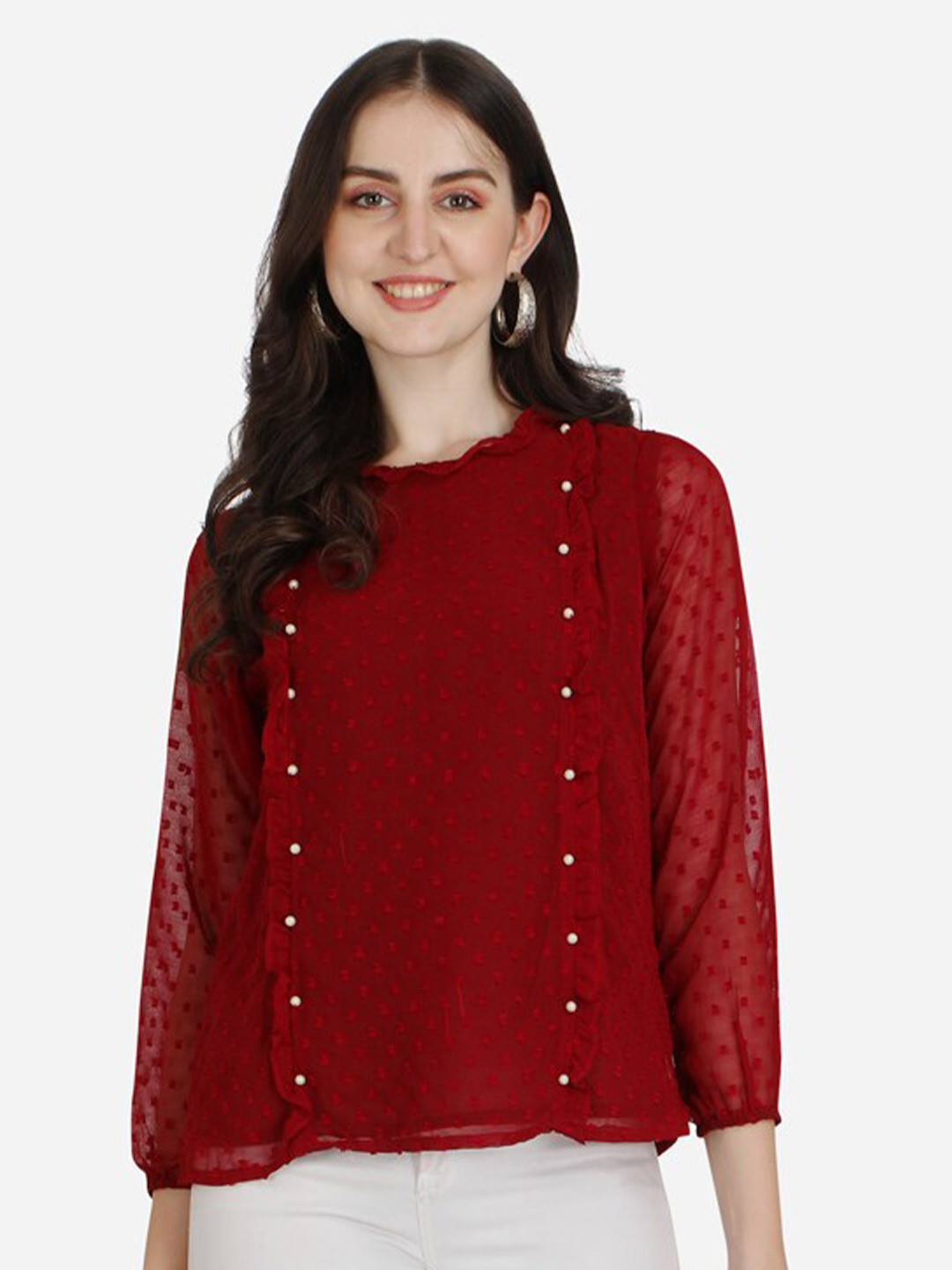 Berrylicious Women Maroon Pearl Embellished Georgette Top