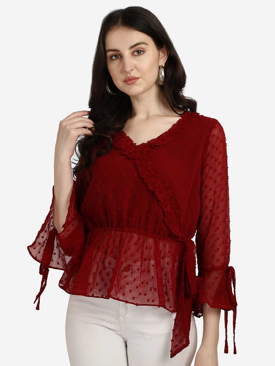 Berrylicious Maroon Ruffles Georgette Peplum Top