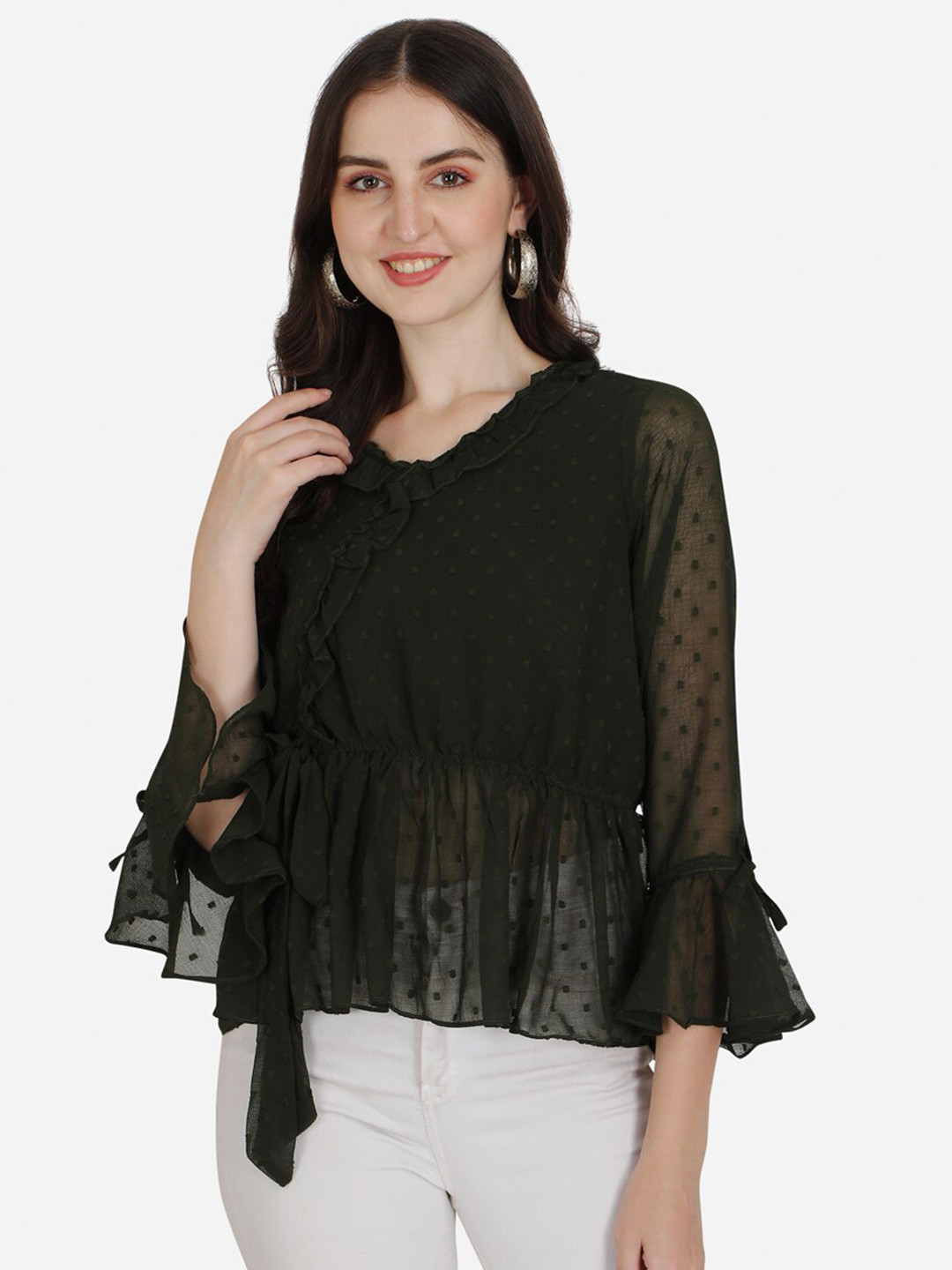 Berrylicious Green Ruffles Georgette Peplum Top
