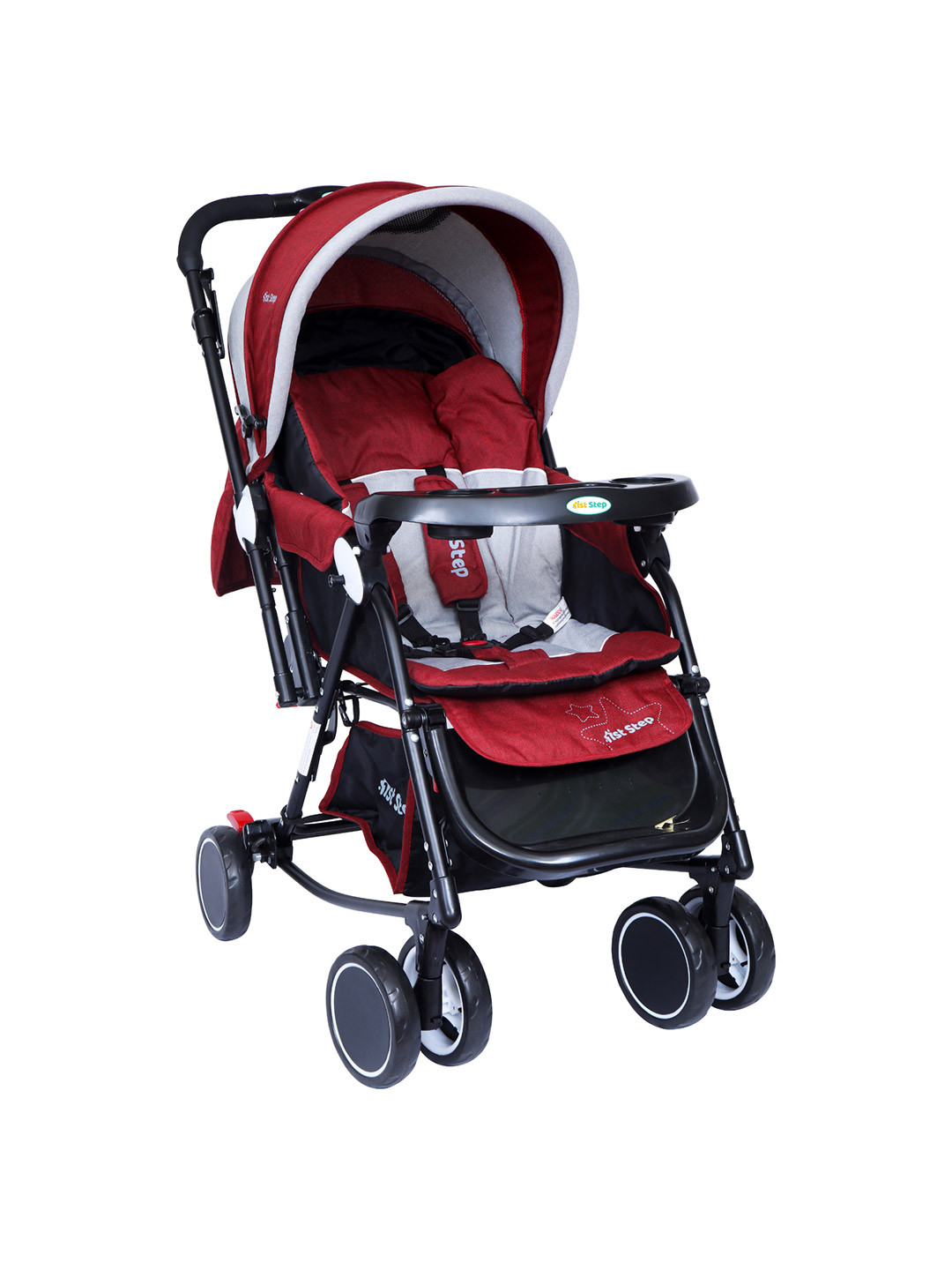1st Step Infants Maroon Solid Reversible Baby Stroller With 5 Point Safety Harness