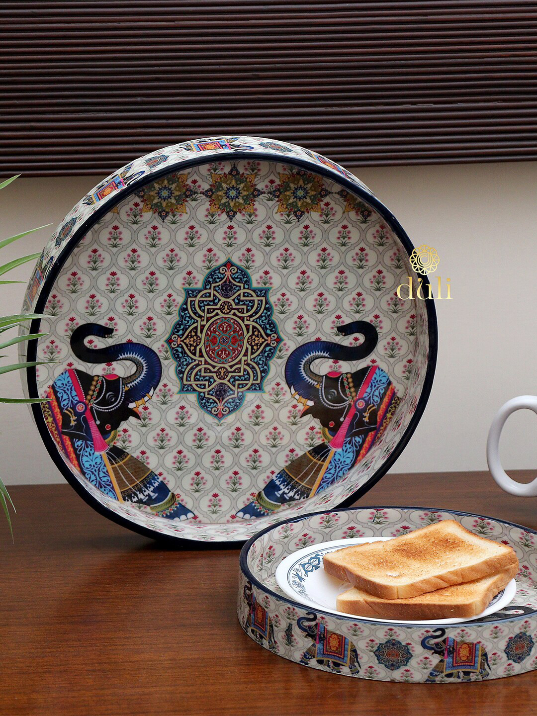 DULI Set of 2 White & Blue Enamel Coated Multipurpose Serving Trays