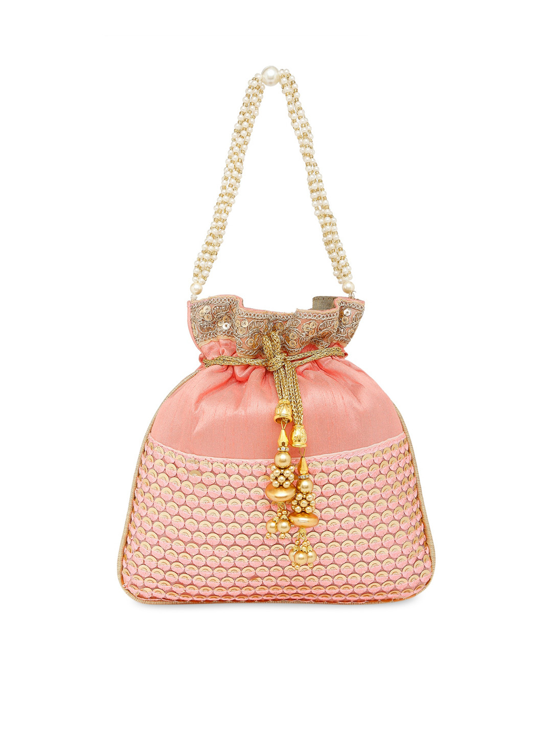Peora Pink & Gold-Toned Embellished Potli Clutch