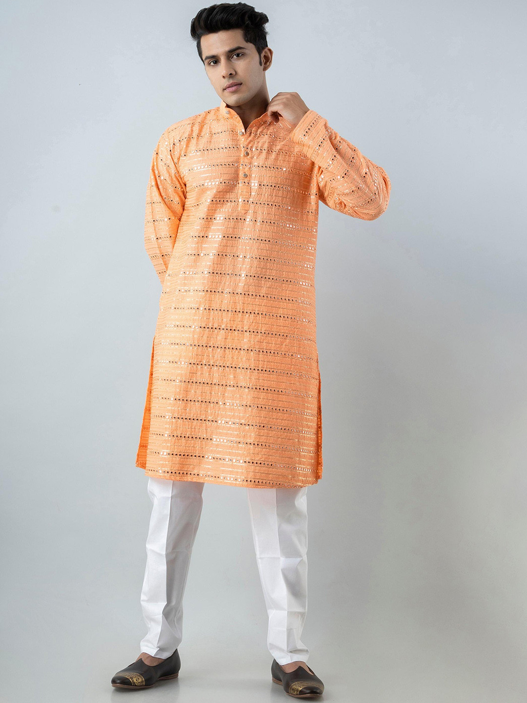 Firangi Yarn Men Peach-Coloured Mirror Work Kurta