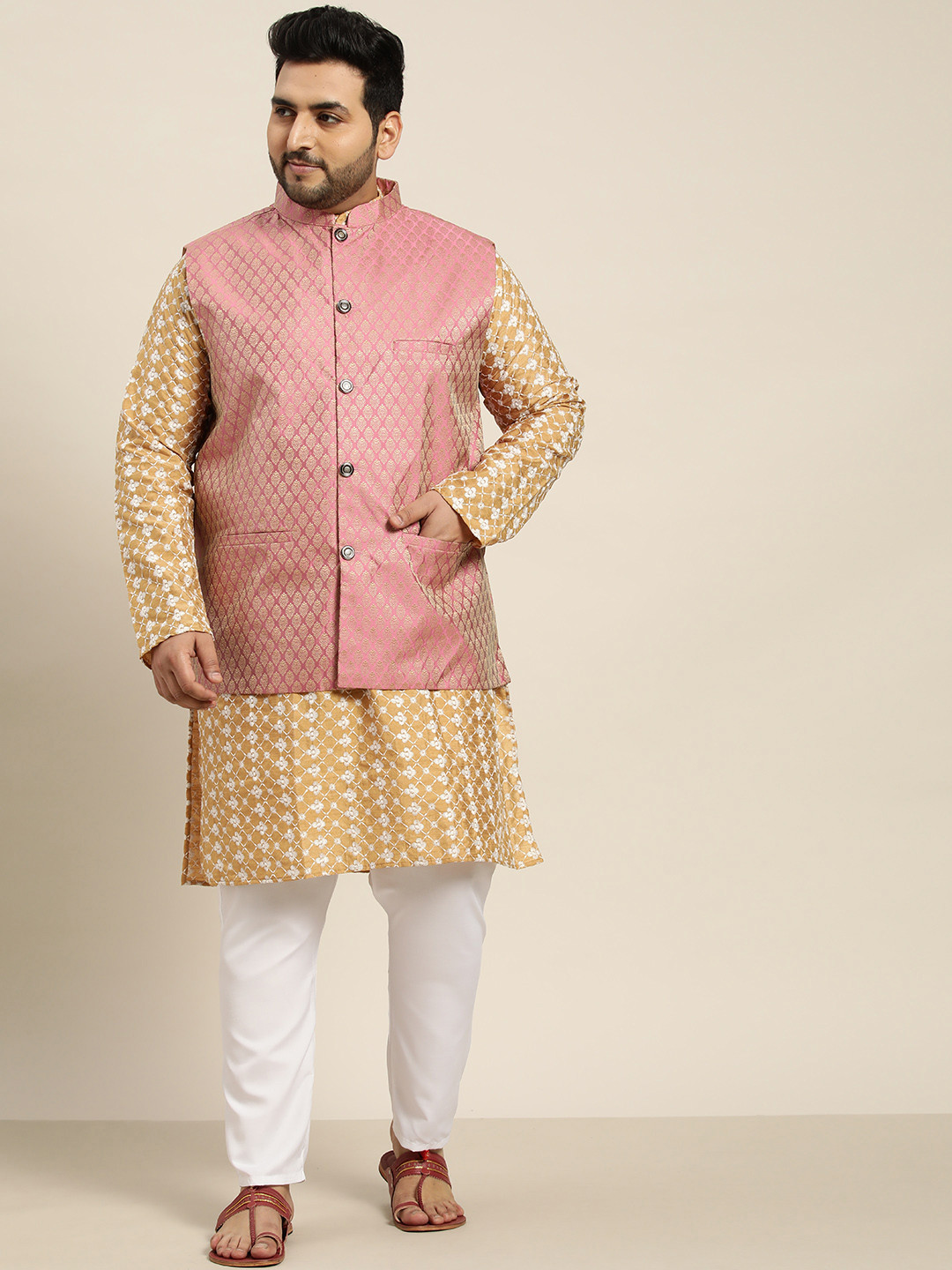 SOJANYA PLUS Men Golden & White Chikankari Embroidered Kurta with Churidar & Nehru Jacket