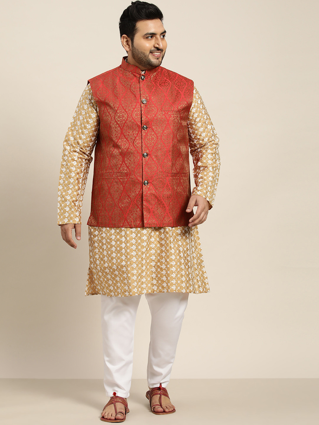 SOJANYA PLUS Men Beige Embroidered Kurta with Churidar Comes with a Nehru Jacket