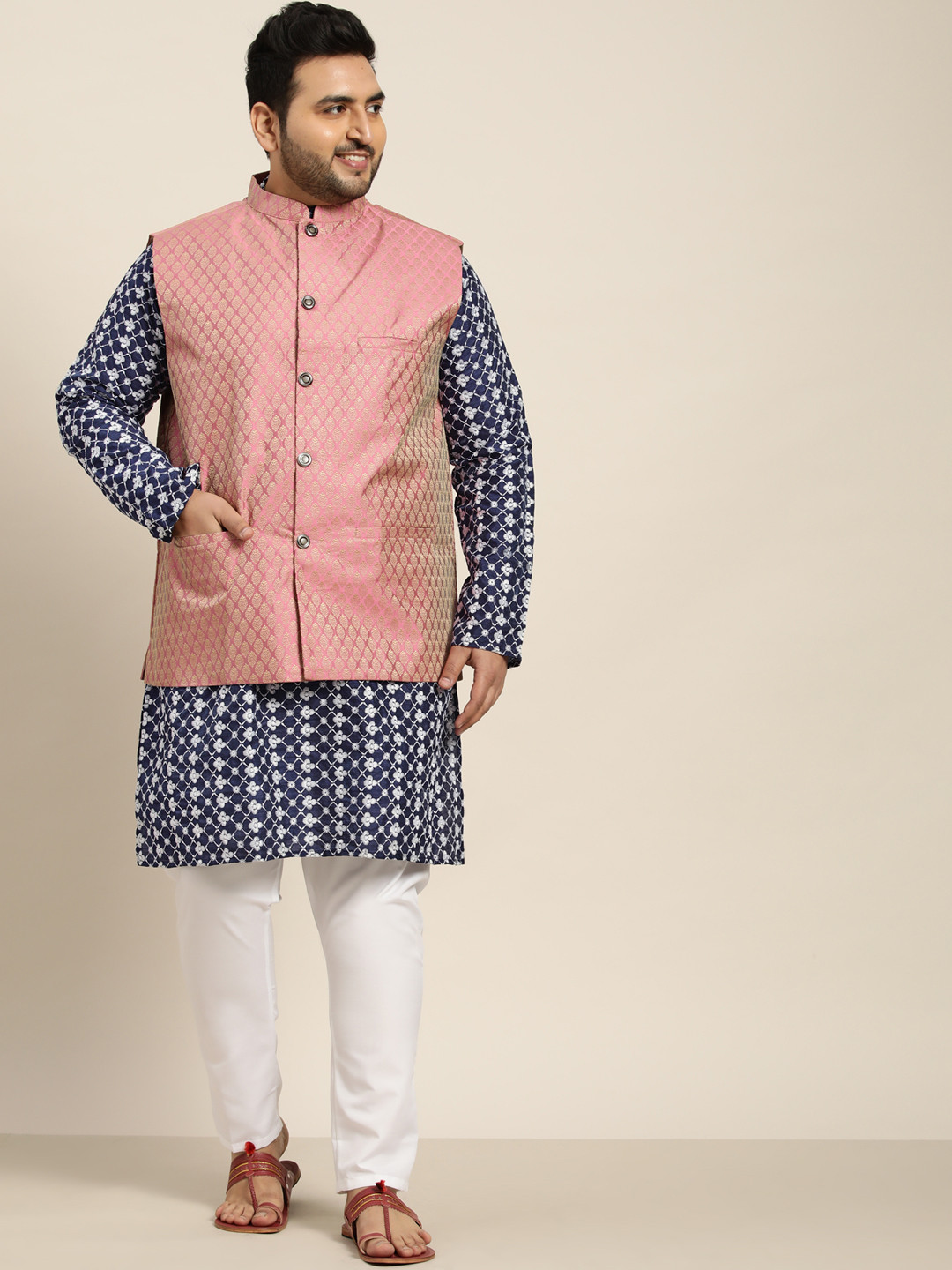 SOJANYA PLUS Men Navy Blue Embroidered Kurta with Churidar Comes with a Nehru Jacket