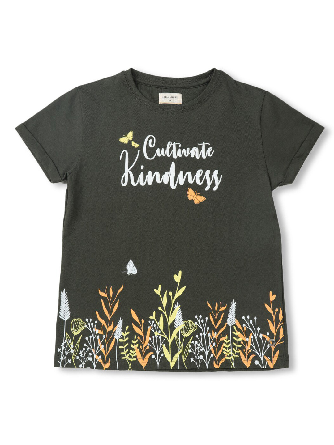 Gini and Jony Girls Olive Green & White Printed Boxy Top