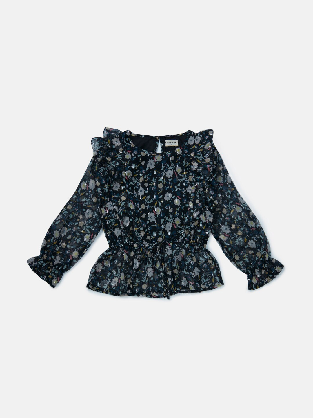 Gini and Jony Girls Navy Blue Floral Print Net Cinched Waist Top