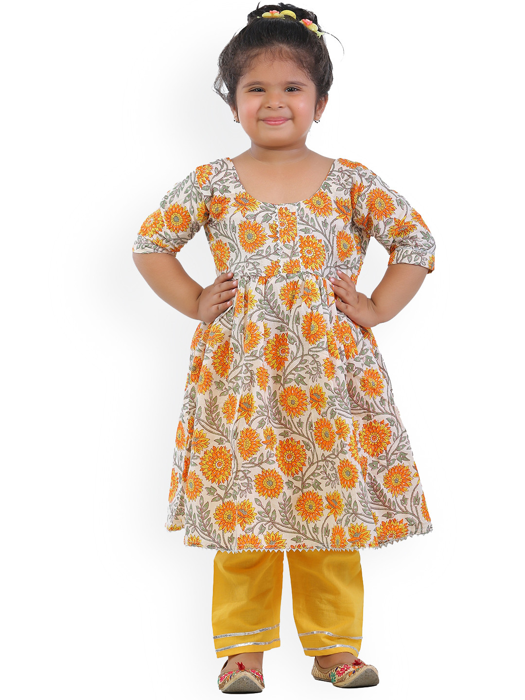 Ahhaaaa Girls Mustard Yellow Floral Printed Empire Pure Cotton Kurta with Trousers