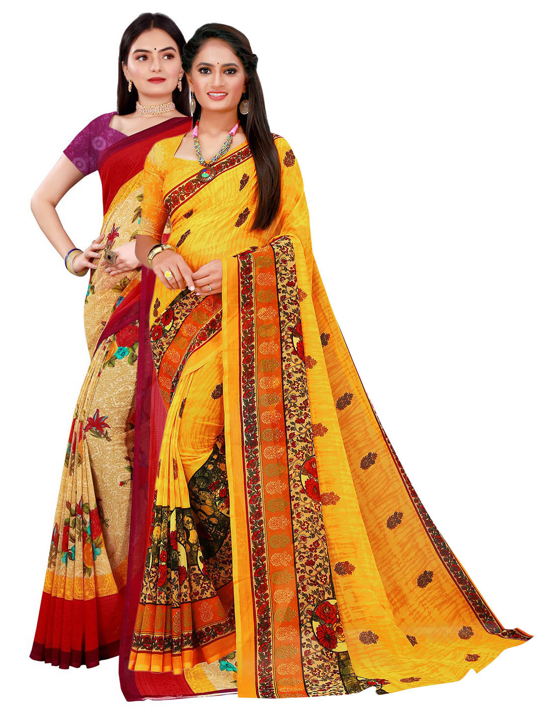 Florence Pack Of 2 Women Beige & Yellow Pure Georgette Saree With Unstitched Blouse