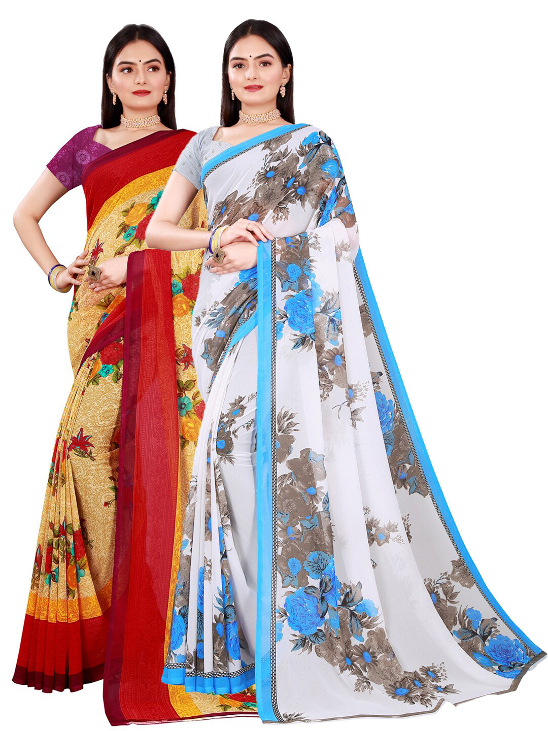 KALINI Pack Of 2 Women Beige & White Printed Pure Georgette Saree With Unstitched Blouse