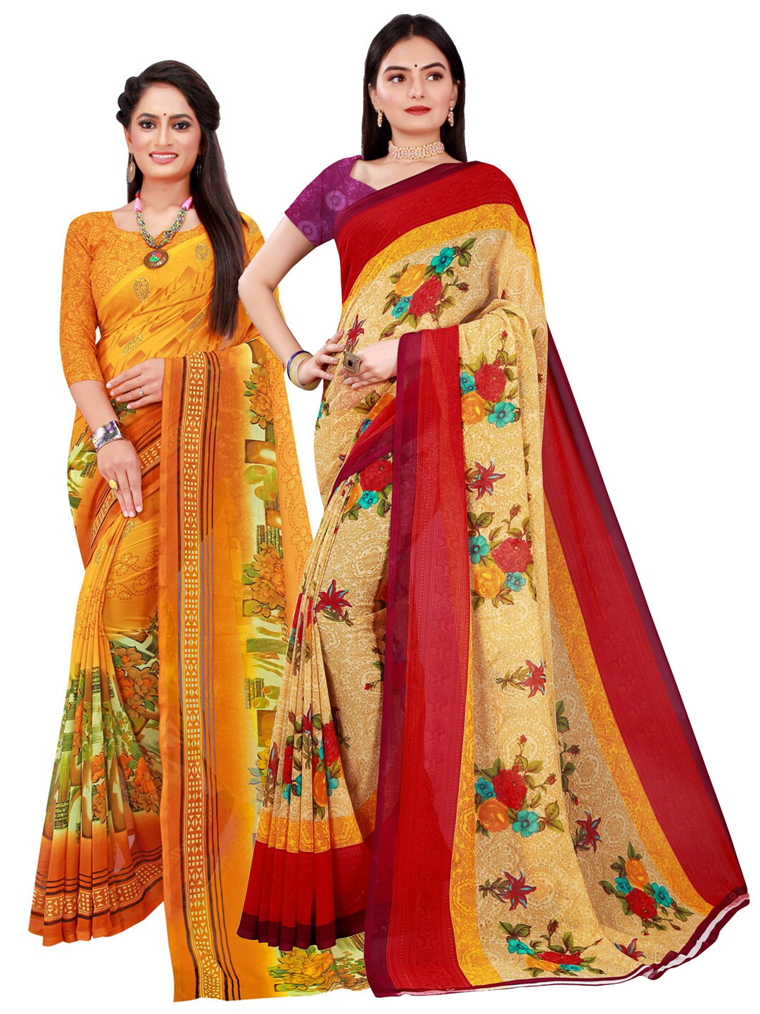 KKALINI Pack Of 2 Women Beige & Yellow Printed Pure Georgette Saree With Unstitched Blouse