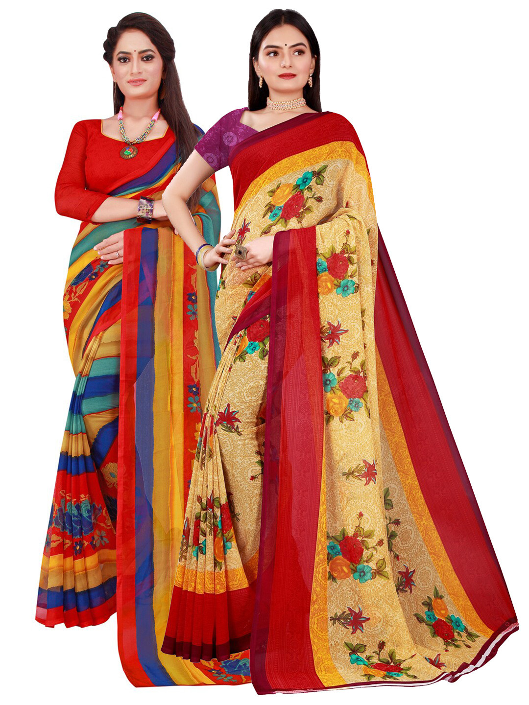 KALINI Pack Of 2 Women Beige & Multicolor Pure Georgette Saree With Unstitched Blouse