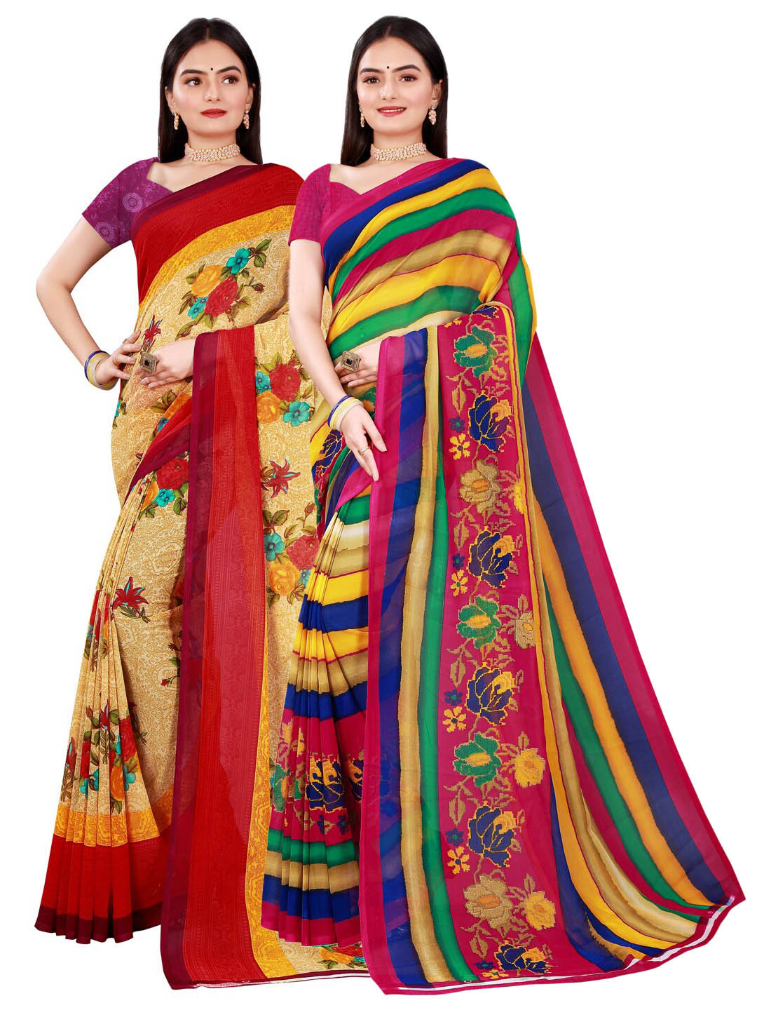 KALINI Pack Of 2 Women Beige & Multicolored Pure Georgette Saree With Unstitched Blouse