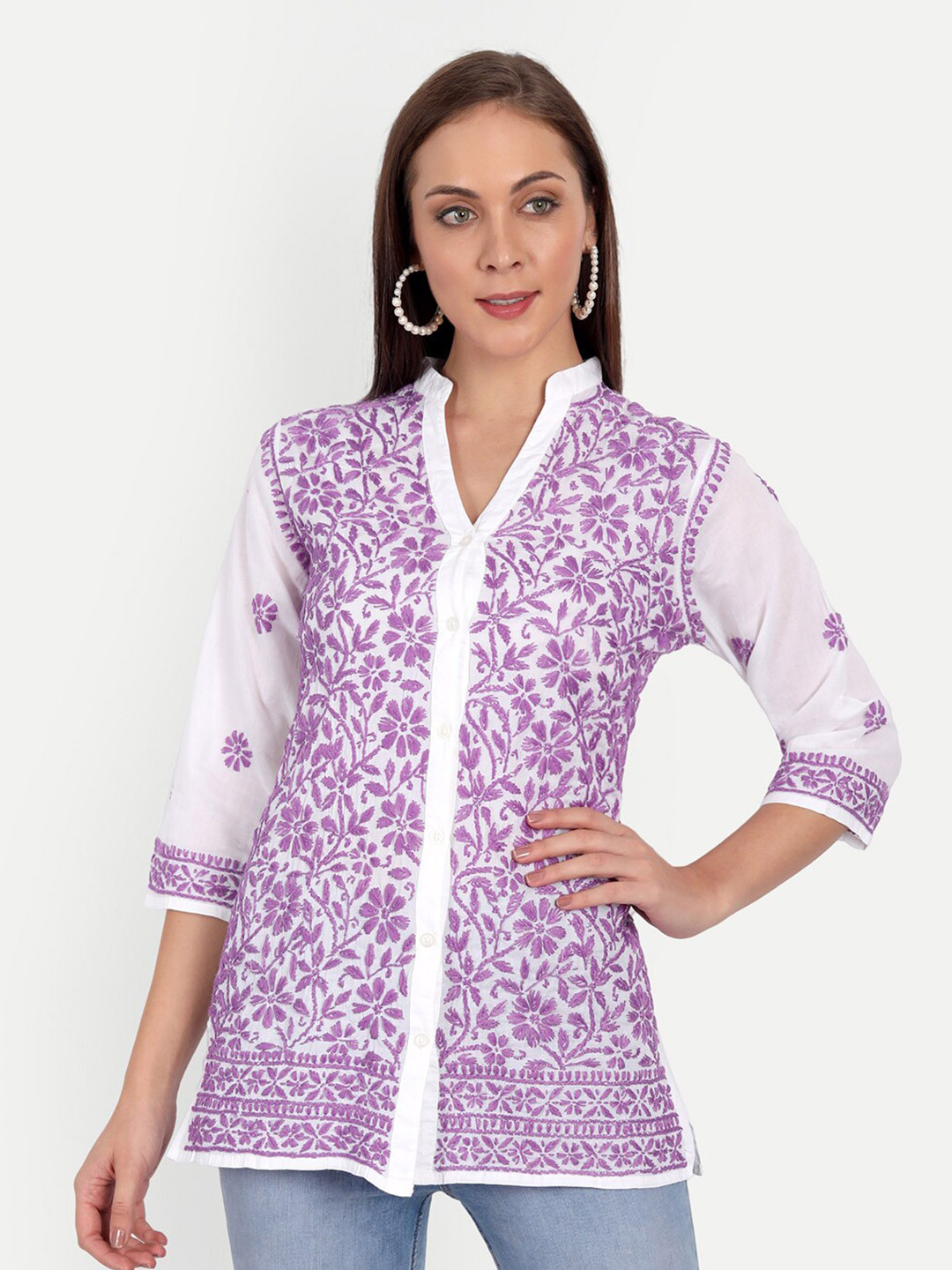 Indiankala4u Women White & Purple Embroidered Pure Cotton Mandarin Collar Shirt Style Top