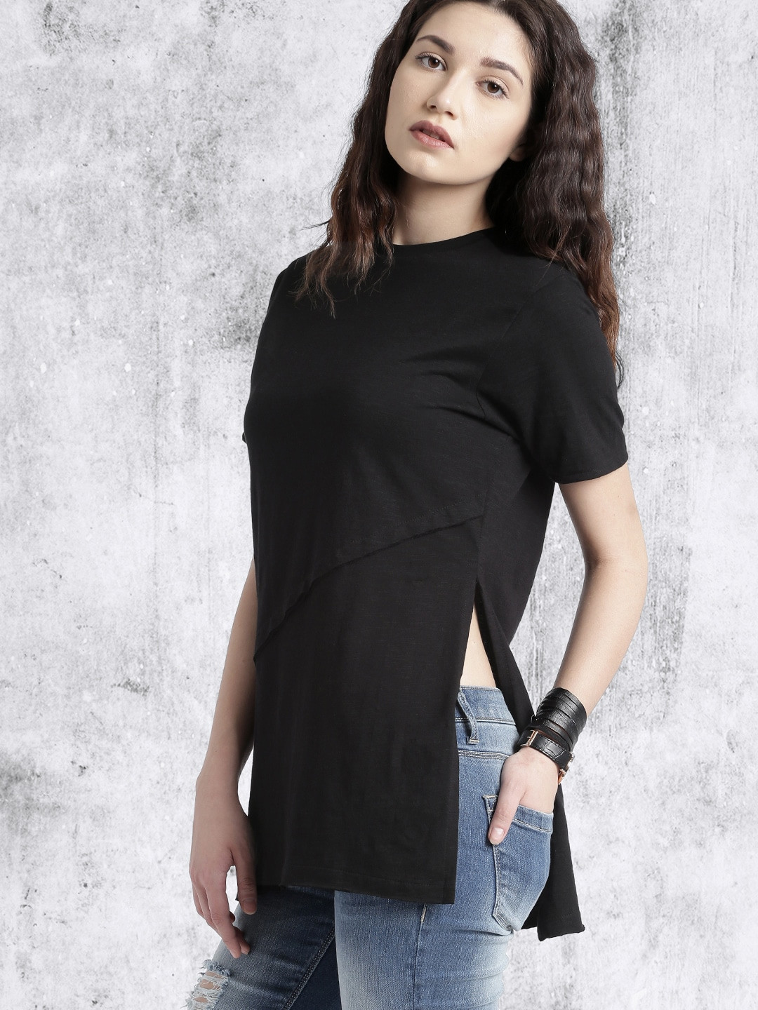 Roadster Black High Slit Pure Cotton Top