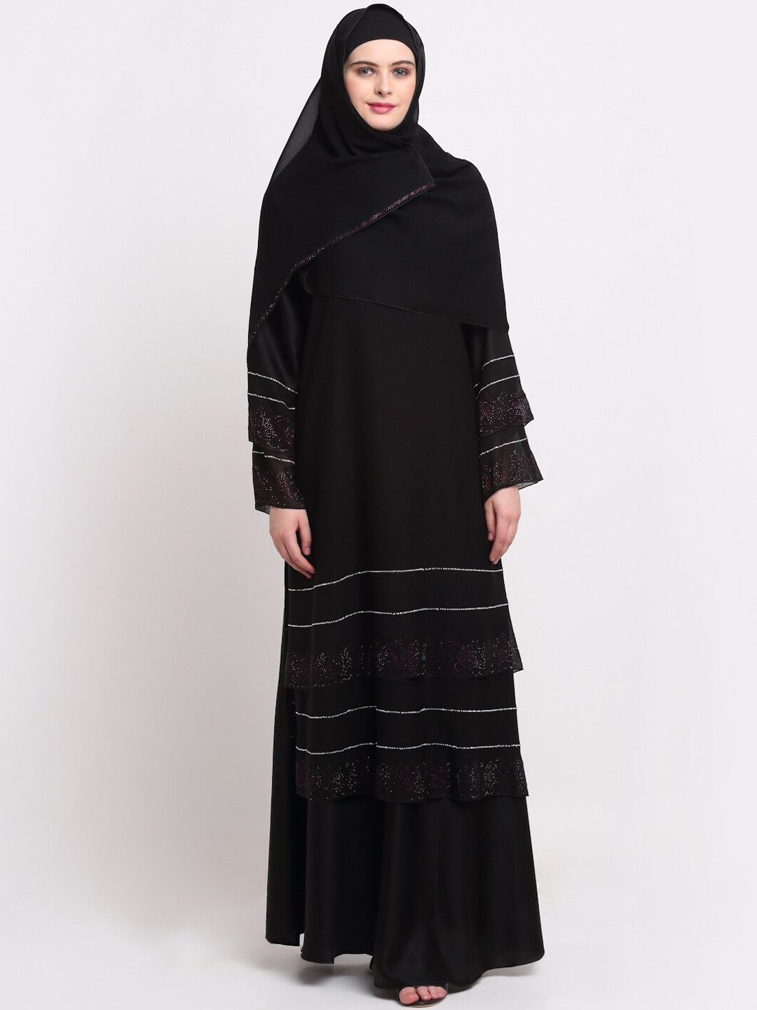 KLOTTHE Women Black & Silver-Coloured Embellished Burqas With Scarf
